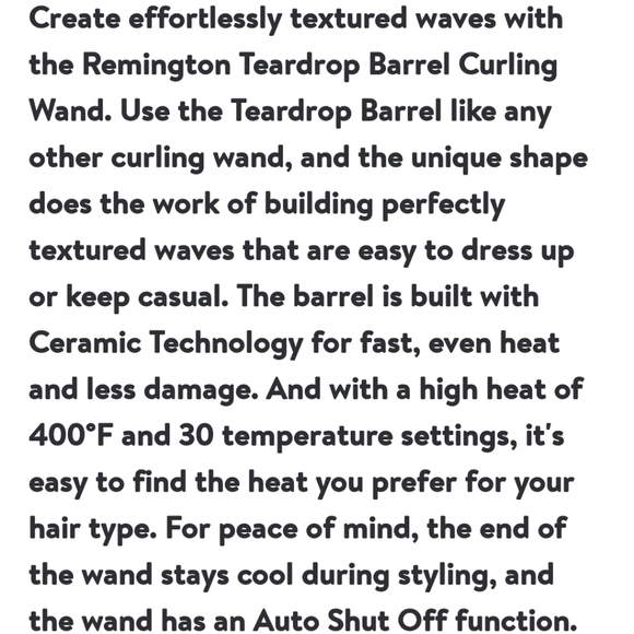 Remington Teardrop 1" Ceramic Hair Curling Wand, Black, CI50M1 - Picture 8 of 17